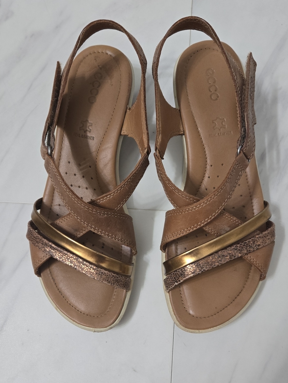 ECCO Brown Leather Slingback Sandals with Gold Accent